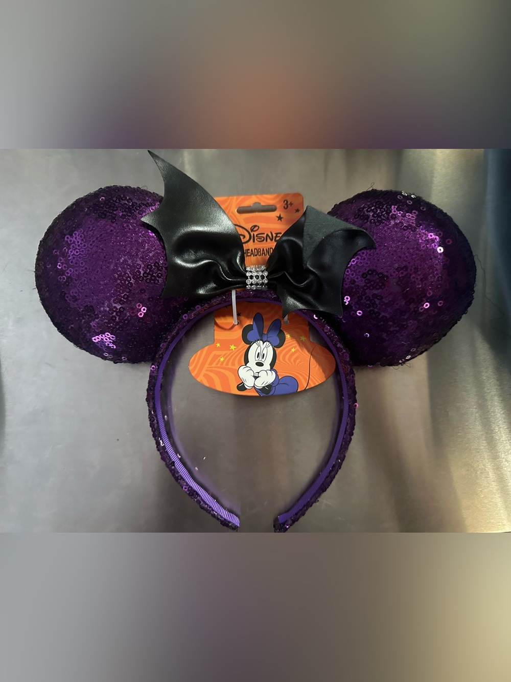 Disney Purple Sequin Minnie Ear Headband with Black Bow and Rhinestones
